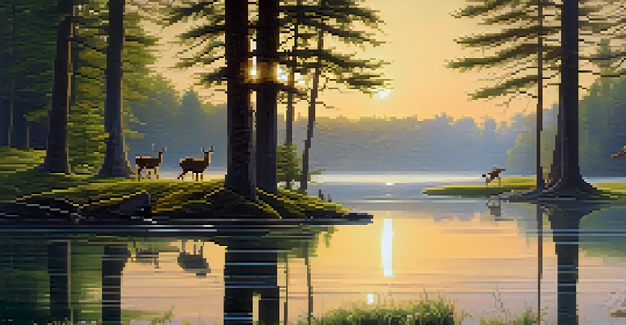 A calm morning in a national park with a misty lake, green trees, and a family of deer drinking from the water.