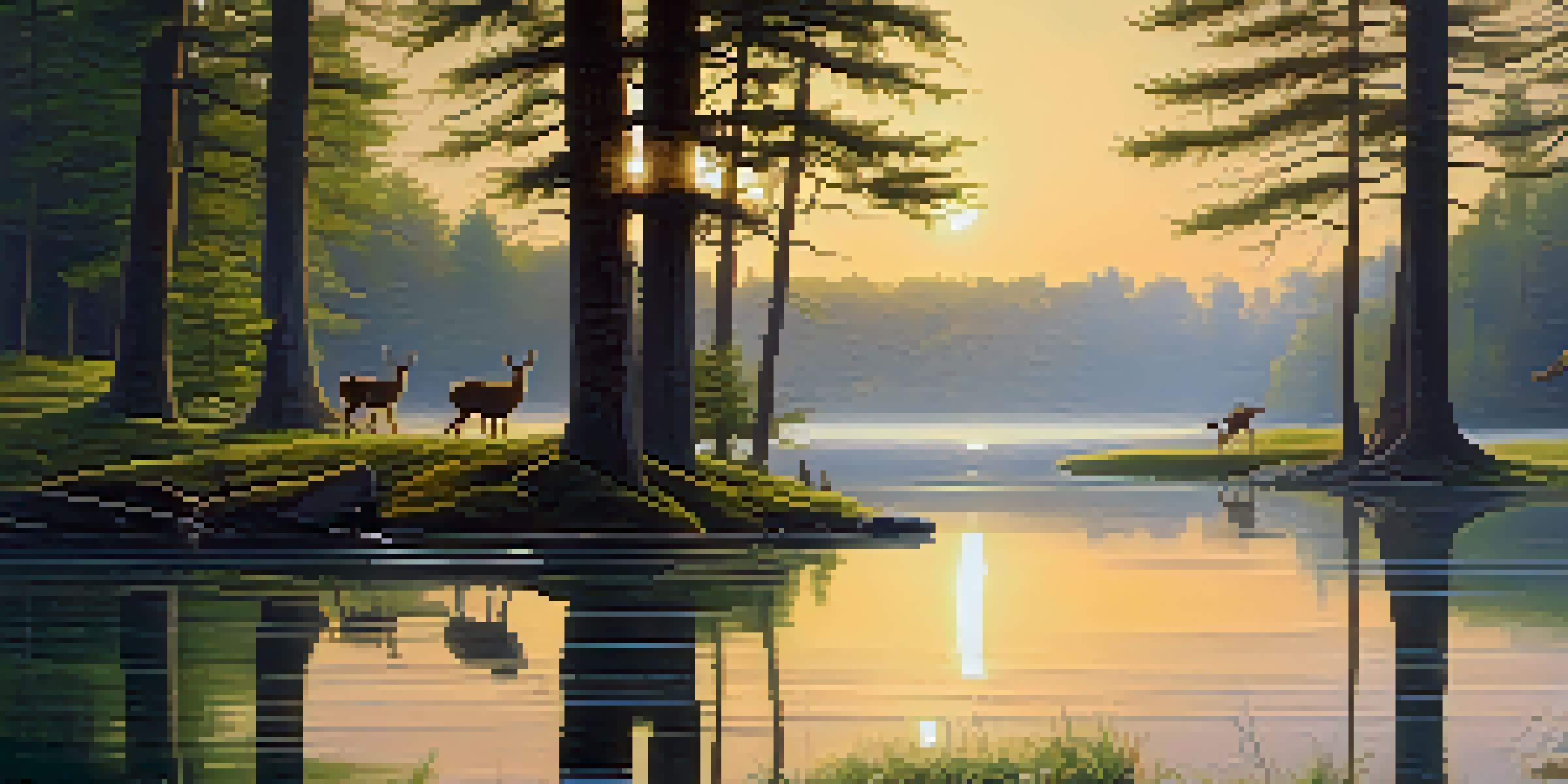 A calm morning in a national park with a misty lake, green trees, and a family of deer drinking from the water.