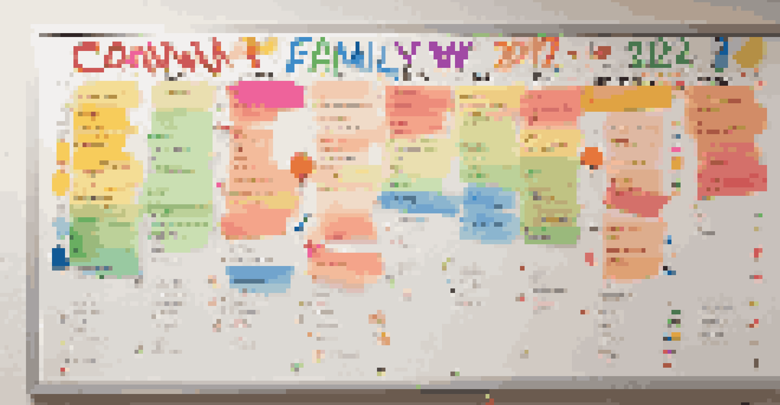 A colorful whiteboard timeline illustrating preparations for a family reunion with decorations.