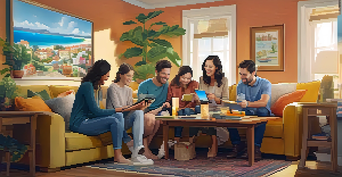 A diverse family sitting together in a cozy living room, planning their trip with smartphones and travel brochures.