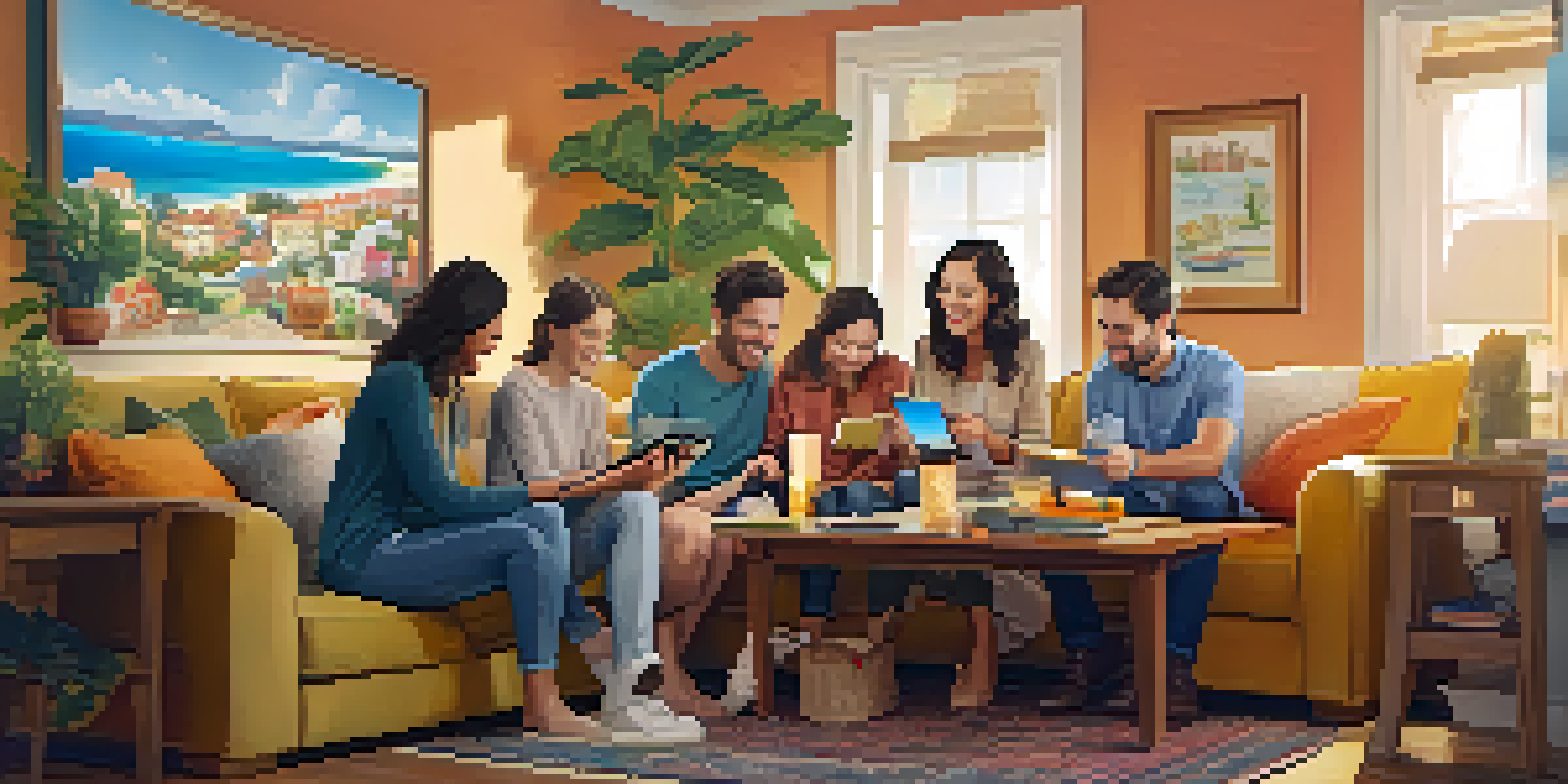 A diverse family sitting together in a cozy living room, planning their trip with smartphones and travel brochures.