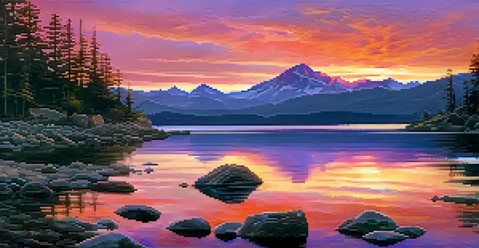 A sunset over a lake with mountains, showing a smartphone on a tripod capturing the scene.