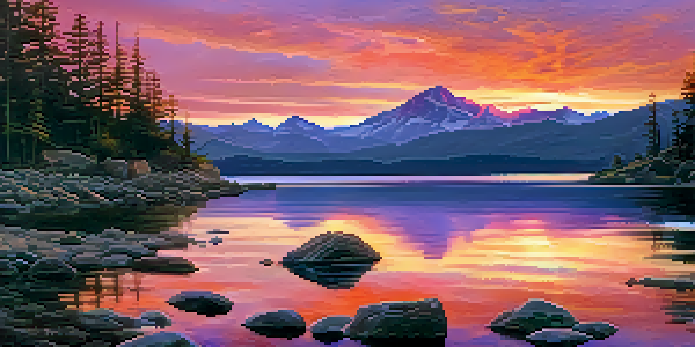 A sunset over a lake with mountains, showing a smartphone on a tripod capturing the scene.