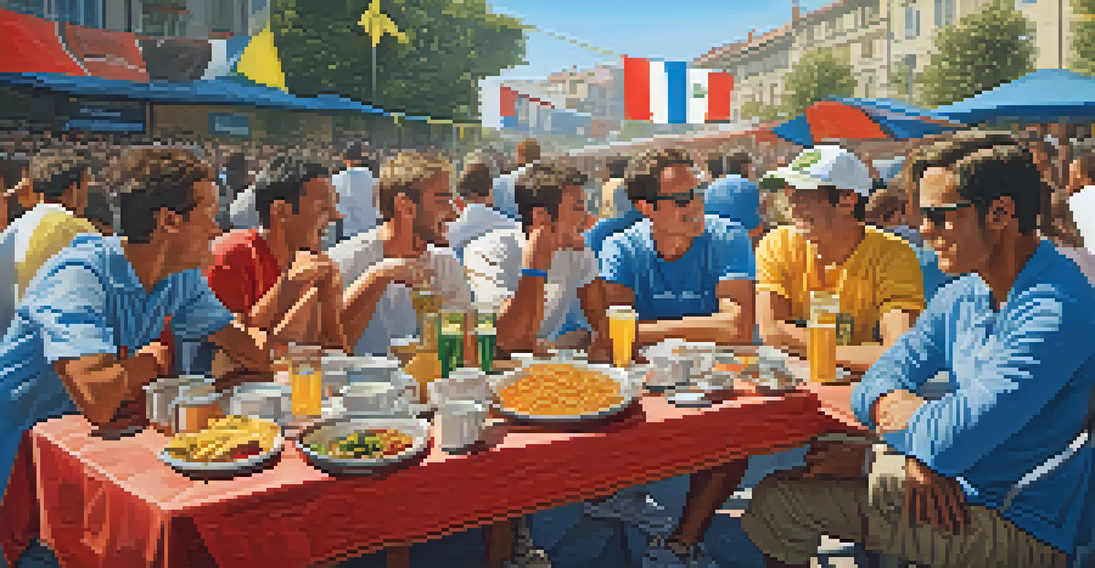 Fans gathered at an outdoor café, discussing World Cup matches while enjoying local cuisine and drinks, surrounded by a festive atmosphere.