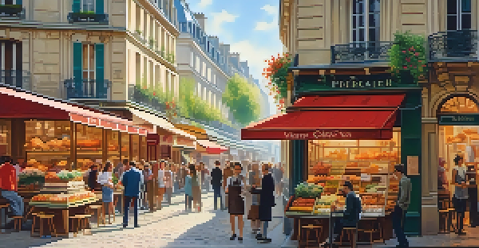 A lively street in Paris with a traveler ordering a croissant, surrounded by locals and colorful shops under warm sunlight.