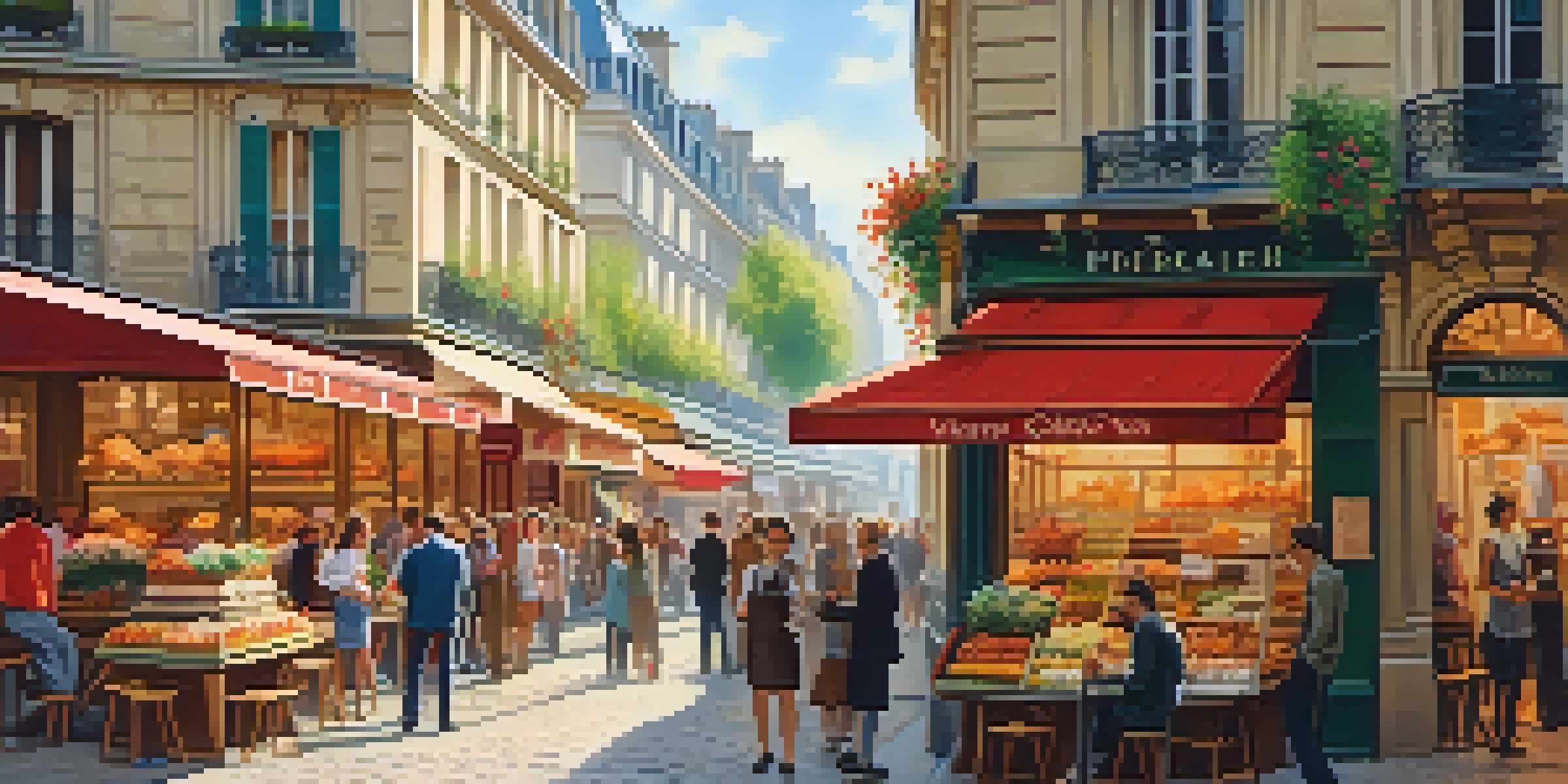 A lively street in Paris with a traveler ordering a croissant, surrounded by locals and colorful shops under warm sunlight.