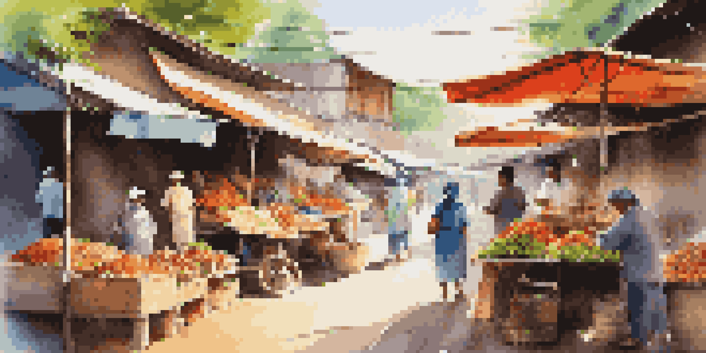 A lively local market in Thailand with colorful stalls, fresh produce, and people interacting.