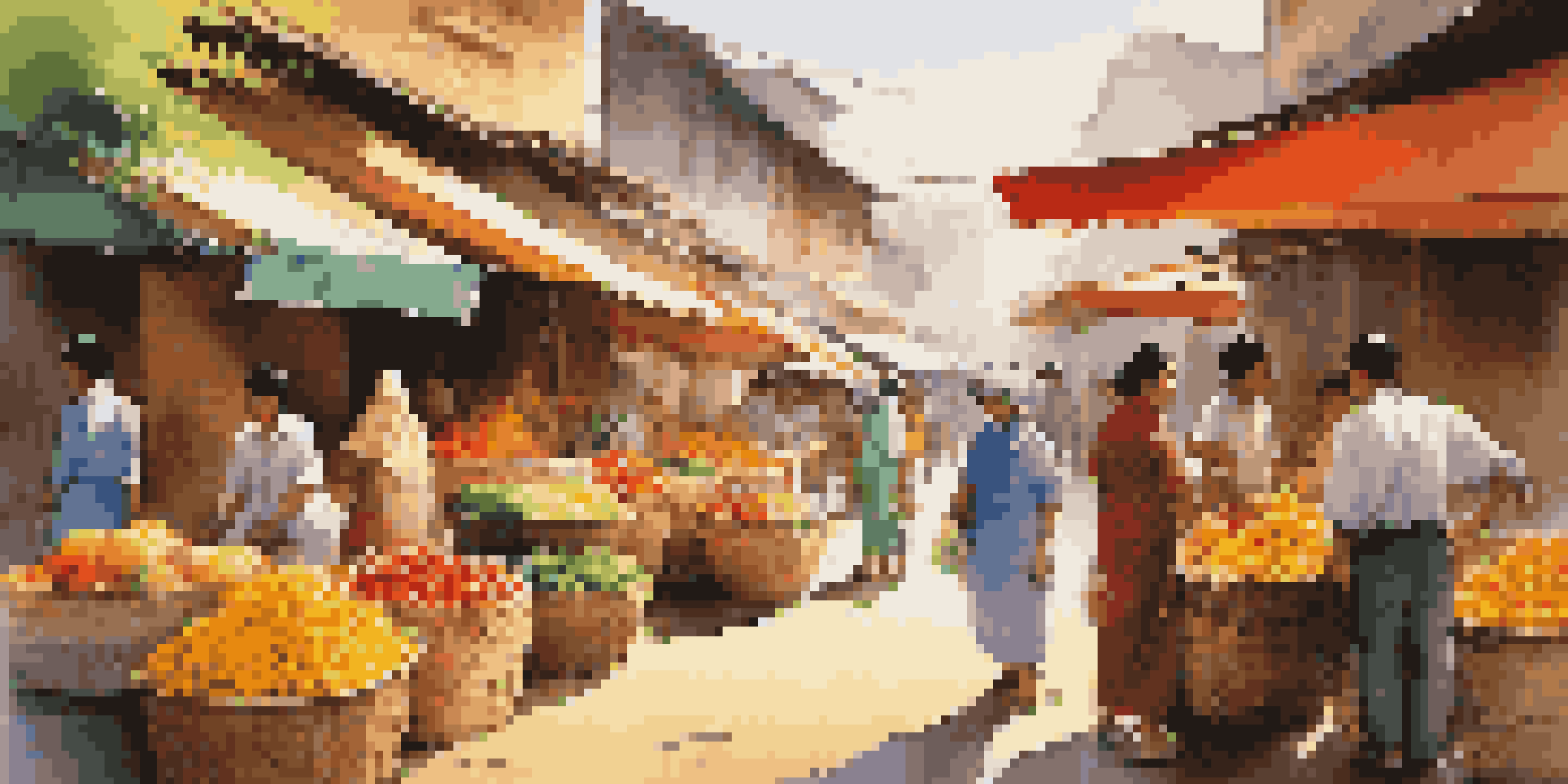 A busy market with colorful stalls of fresh produce and smiling vendors in an Asian city.