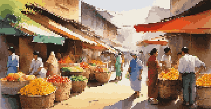 A busy market with colorful stalls of fresh produce and smiling vendors in an Asian city.