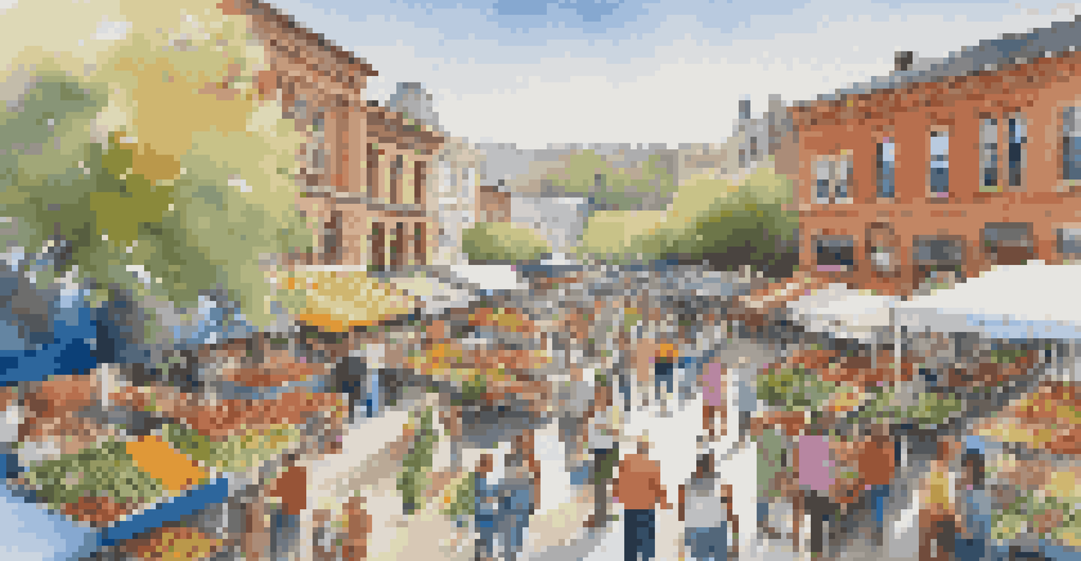 Aerial view of a lively farmer's market with people shopping and colorful stalls filled with fresh produce.