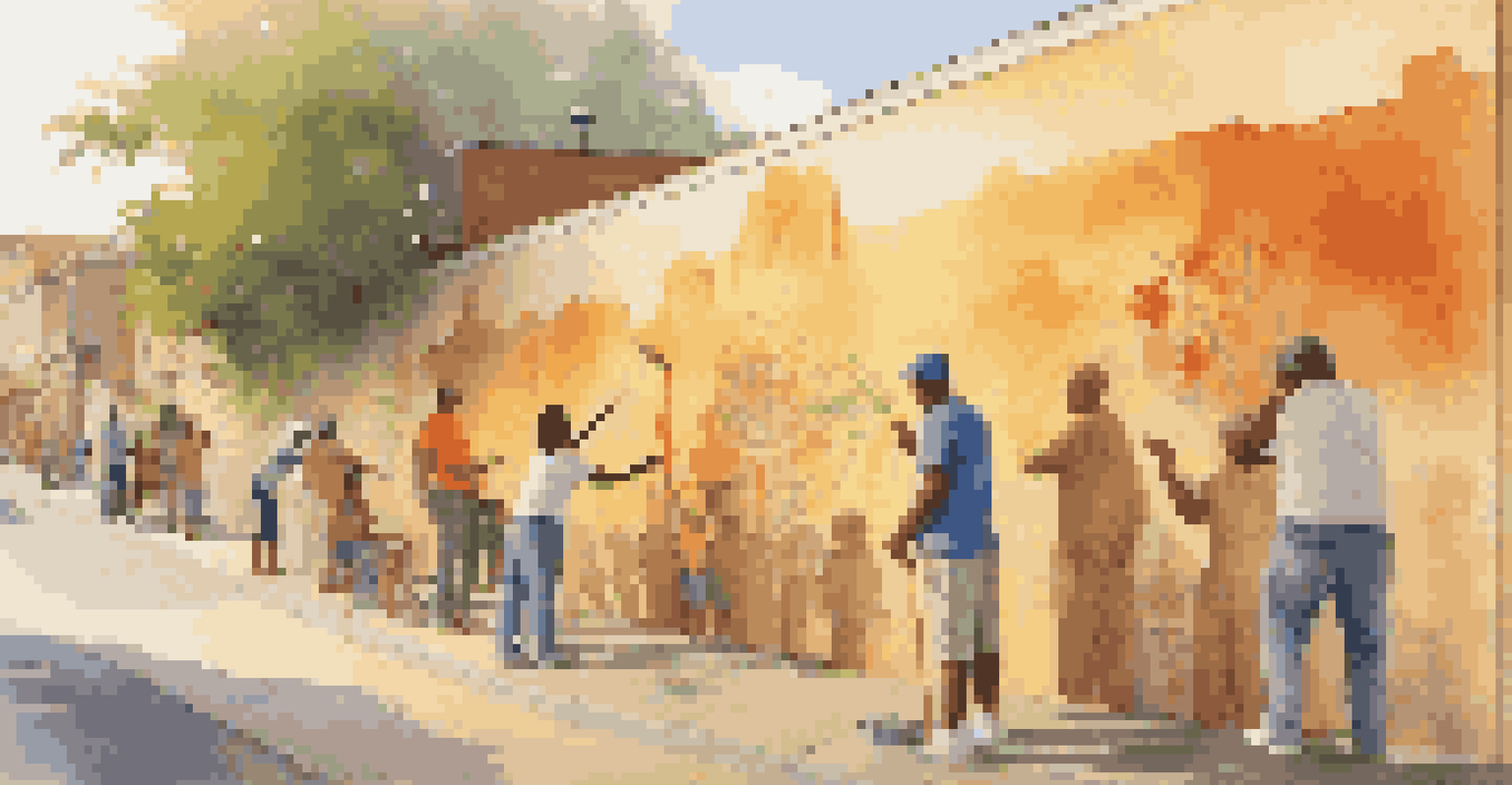 A volunteer painting a colorful mural on a community wall, with local residents watching and participating in the creative process.