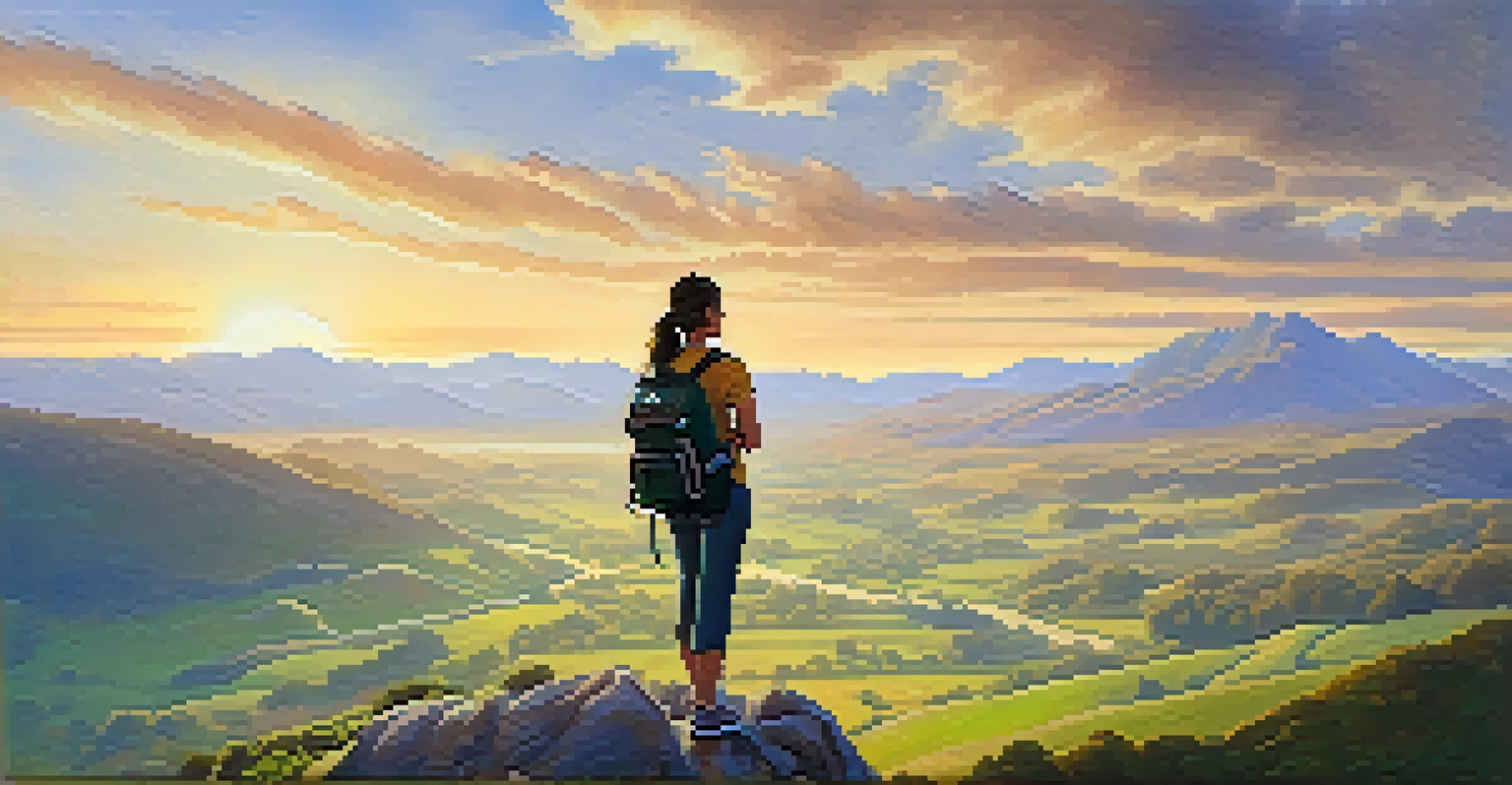 A solo woman traveler with a backpack and map, smiling in front of a scenic landscape during sunset.