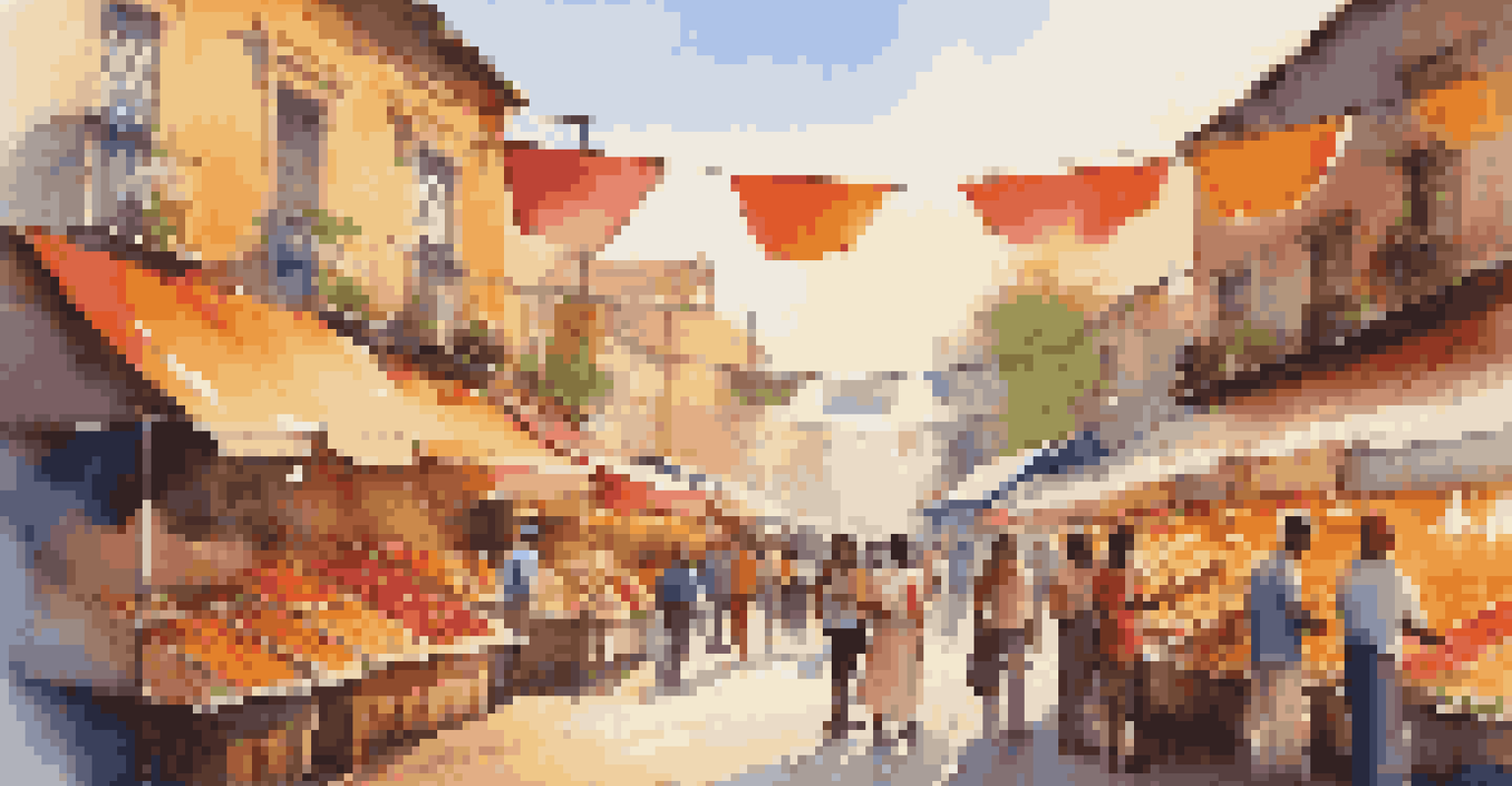 A lively street market filled with colorful stalls, shoppers, and vendors, illustrating the vibrant local culture.