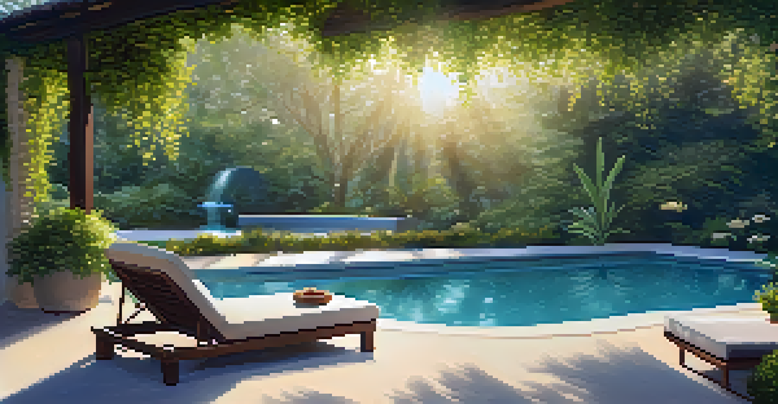 An outdoor spa area with loungers, a pool, and a table with snacks and a water bottle, bathed in warm sunlight.