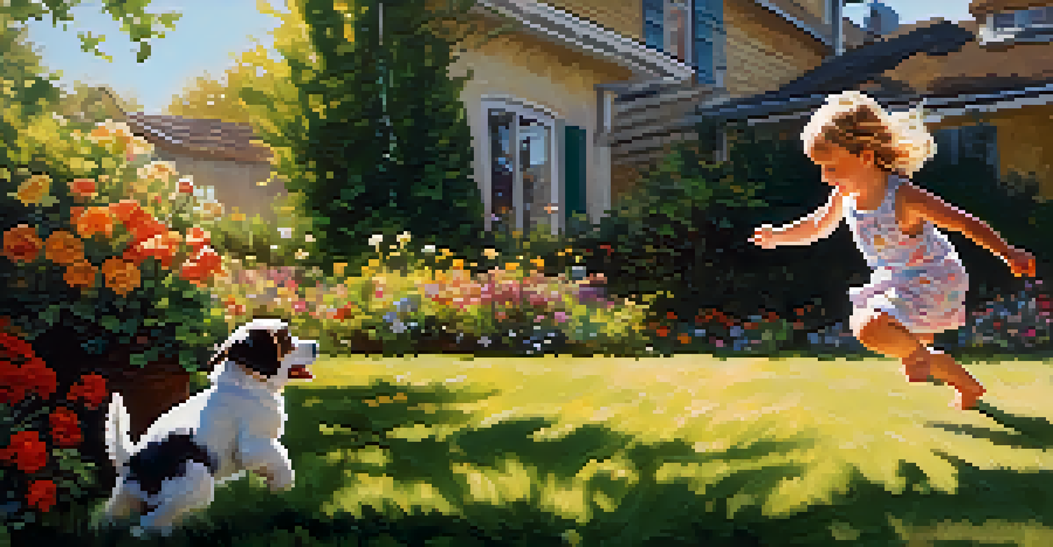 A child and a puppy playing together in a bright backyard, filled with flowers and sunlight, showcasing a playful moment.