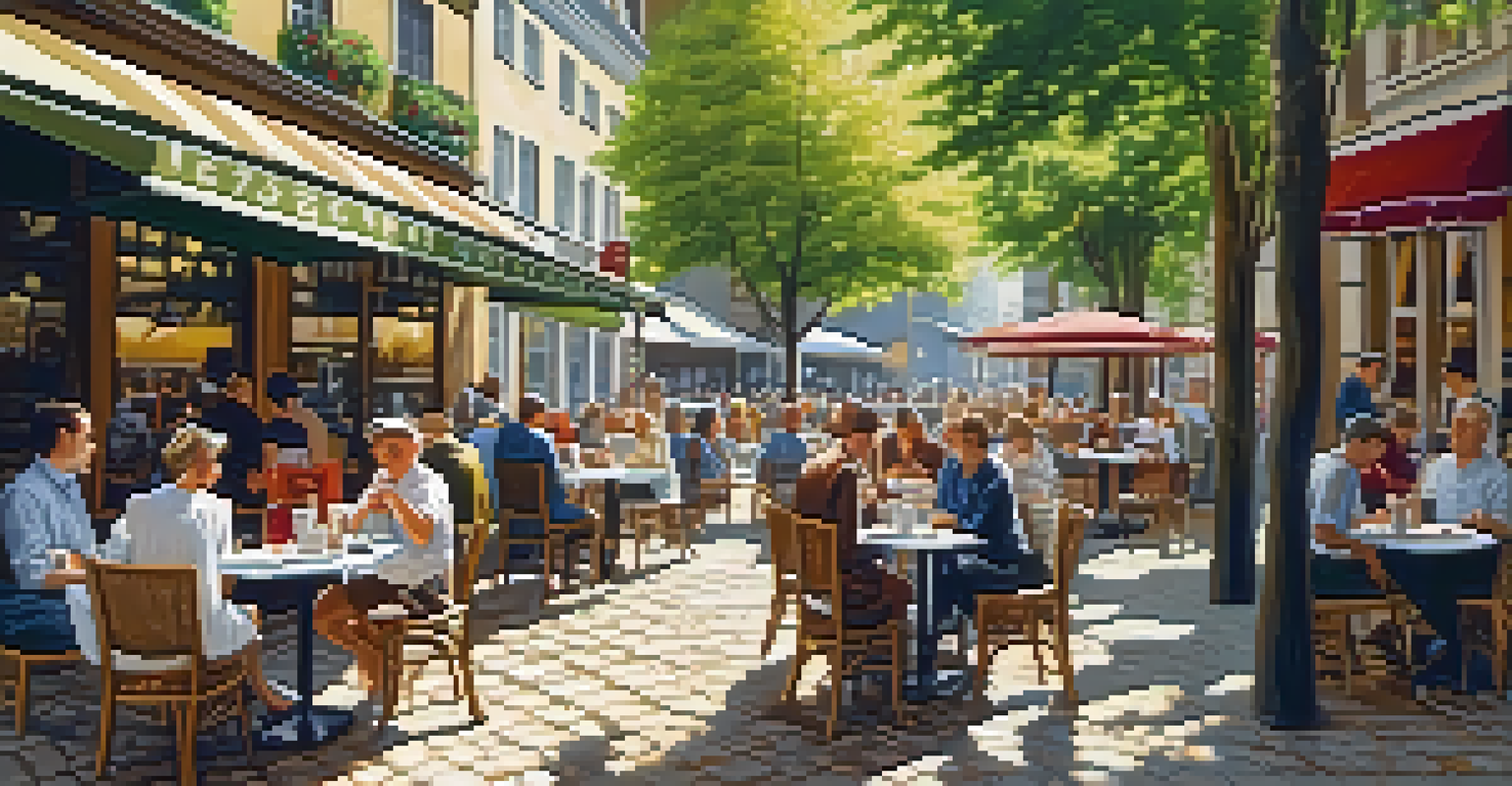 A vibrant European street cafe with outdoor tables and customers enjoying coffee under sunlight.