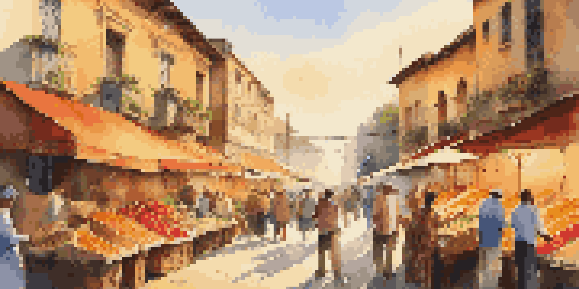 A lively street market during sunset, with colorful stalls and diverse people interacting.