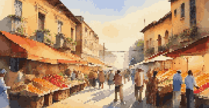 A lively street market during sunset, with colorful stalls and diverse people interacting.