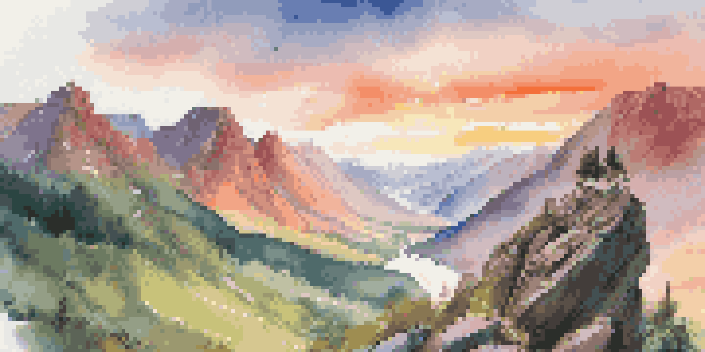 A hiker using an action camera to capture a sunrise over rugged mountains, surrounded by lush valleys and a flowing river.