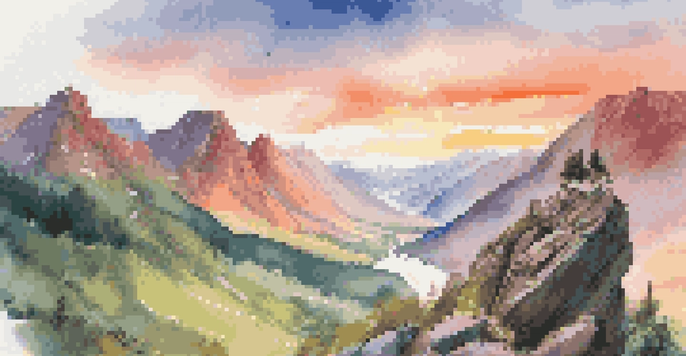 A hiker using an action camera to capture a sunrise over rugged mountains, surrounded by lush valleys and a flowing river.