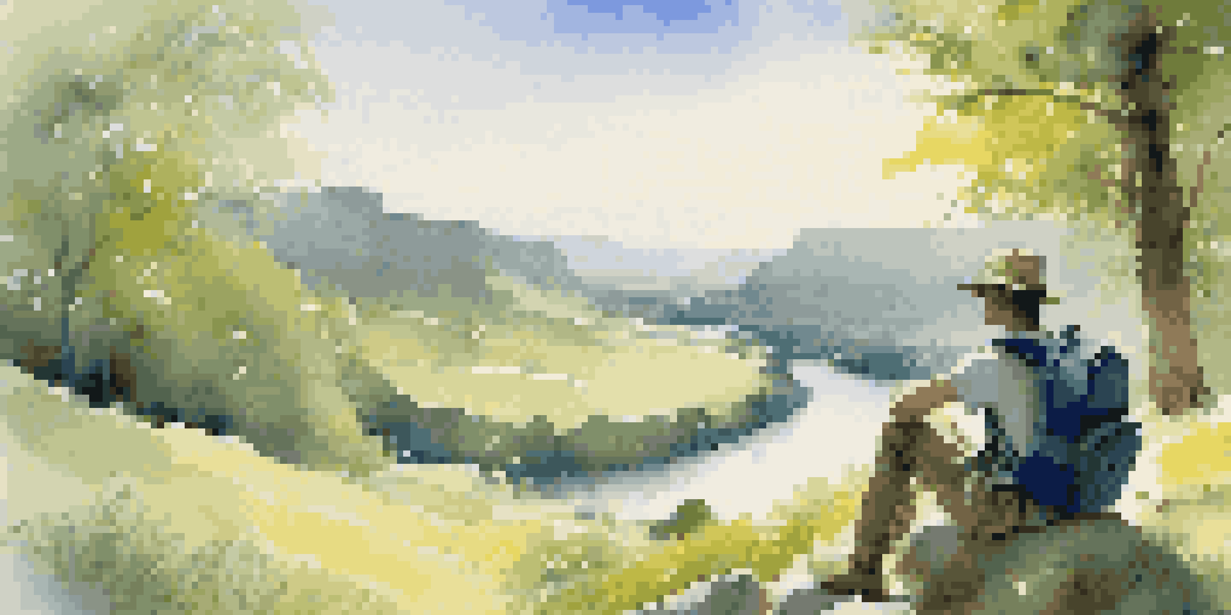 A traveler sitting on a rock in a green valley, writing in a journal, with a river and wildflowers around them.