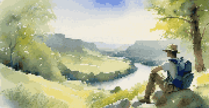 A traveler sitting on a rock in a green valley, writing in a journal, with a river and wildflowers around them.