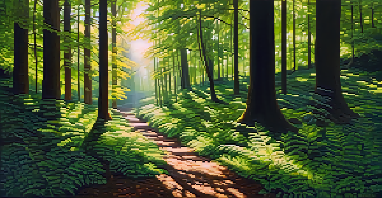 A forest scene with sunlight filtering through leaves and creating beautiful shadows on the ground.