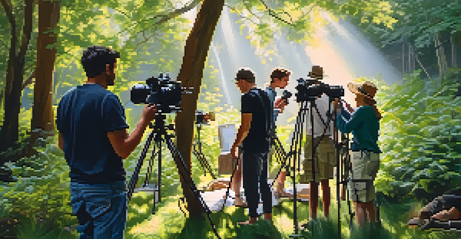 Photographers participating in an outdoor workshop, setting up cameras and discussing techniques under trees.