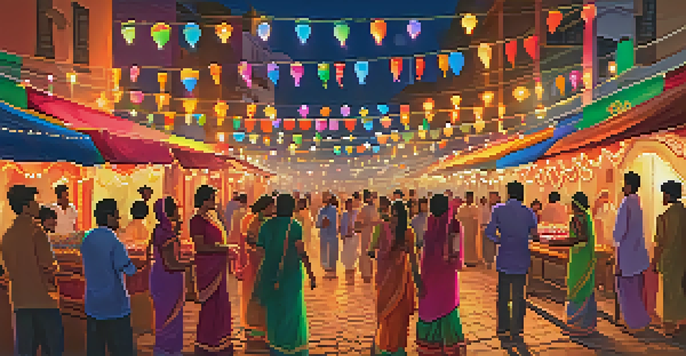 A lively festival scene during Diwali in India with families lighting lamps and sharing sweets amidst colorful decorations.