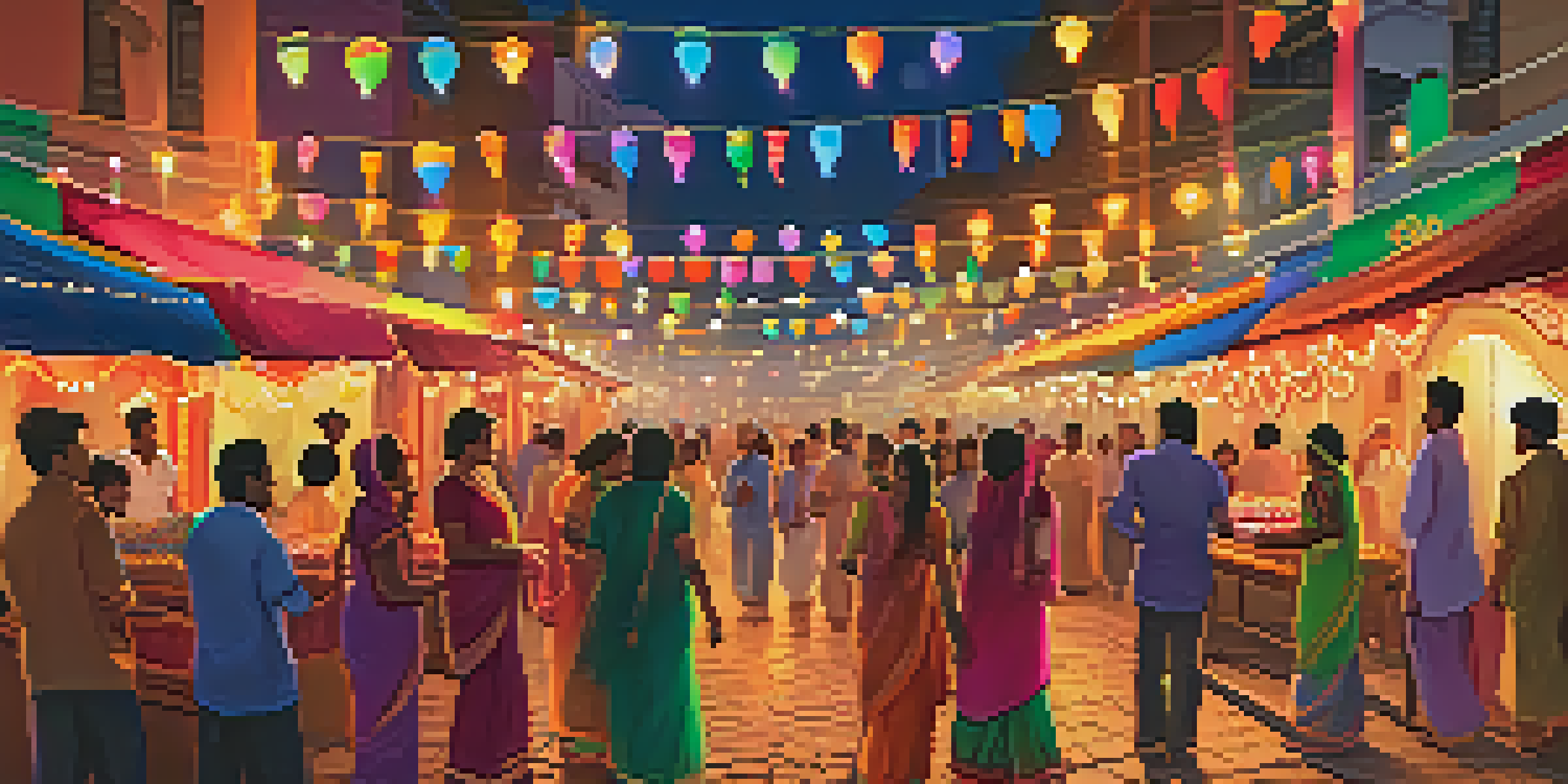 A lively festival scene during Diwali in India with families lighting lamps and sharing sweets amidst colorful decorations.