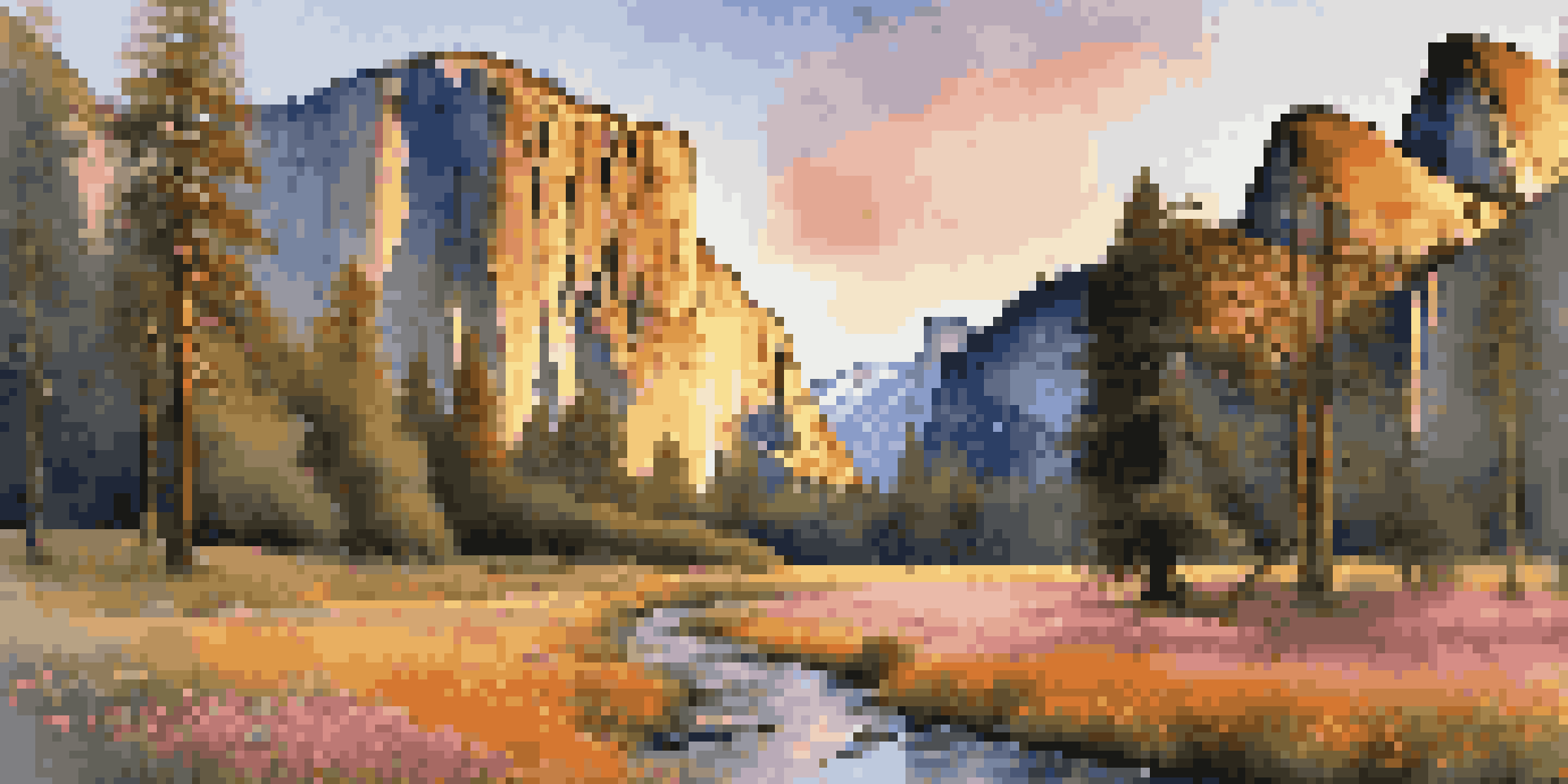 A scenic sunset view of Yosemite National Park with El Capitan and Half Dome, highlighting the granite cliffs and a colorful sky.