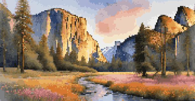 A scenic sunset view of Yosemite National Park with El Capitan and Half Dome, highlighting the granite cliffs and a colorful sky.