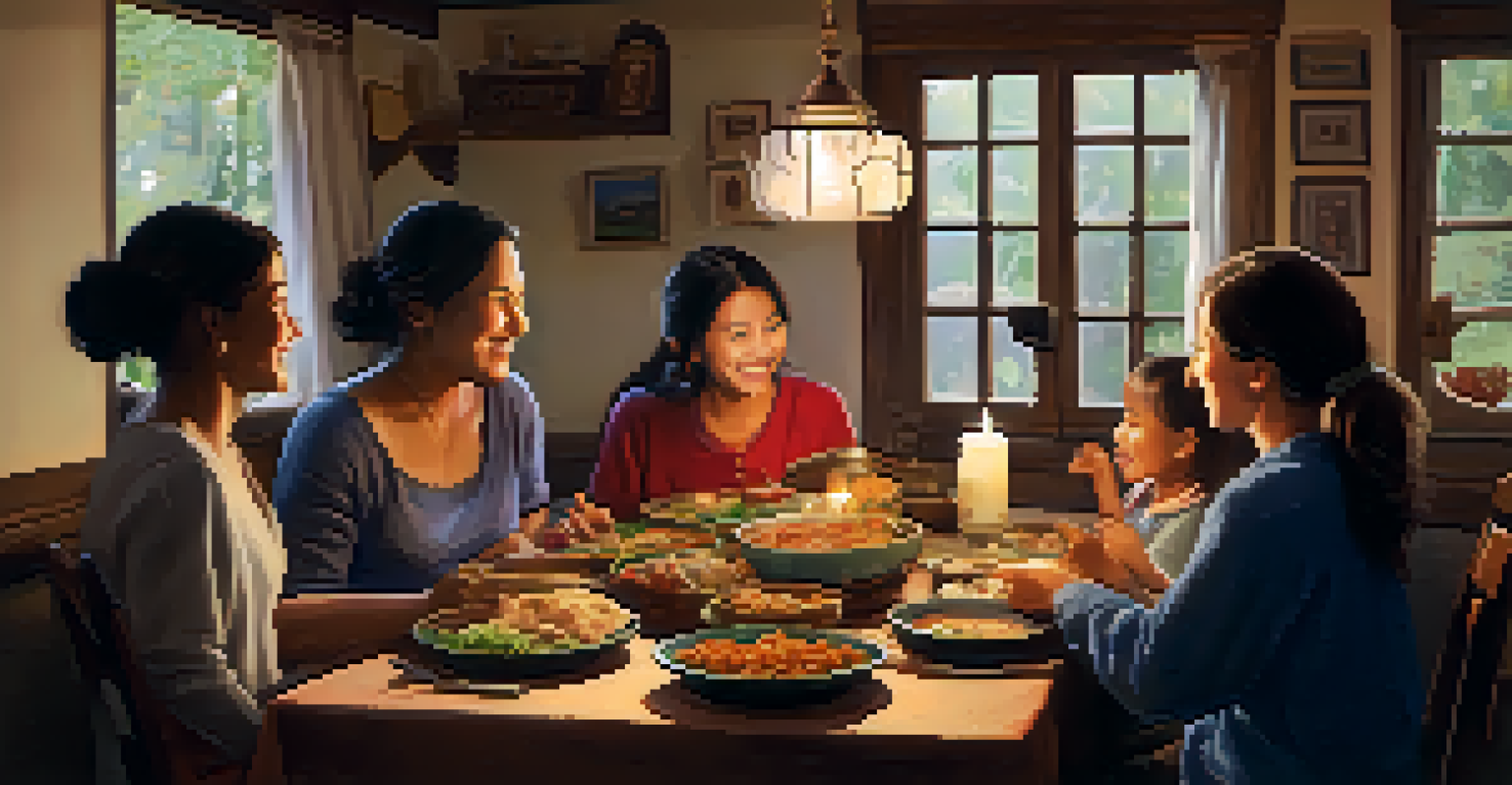 A volunteer enjoying a meal with a local family in a warm, inviting home.