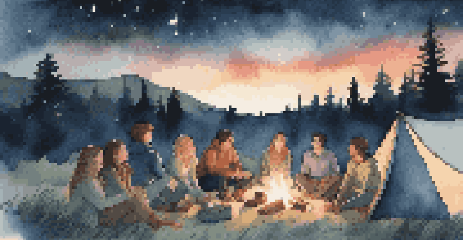 Group of friends lying on blankets gazing at the starry sky by a campfire.