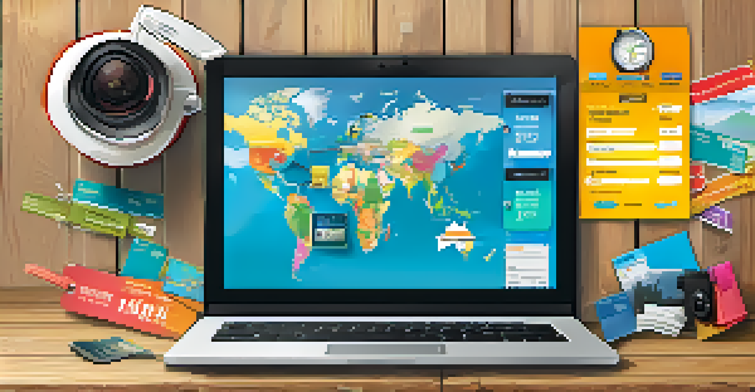 A laptop displaying a flight comparison website with colorful price tags, surrounded by travel accessories like a globe and a camera.