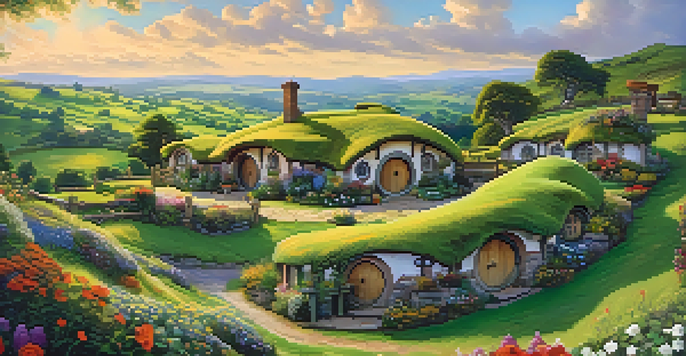 A panoramic view of the whimsical Hobbiton village with colorful hobbit holes and lush greenery under a bright blue sky.