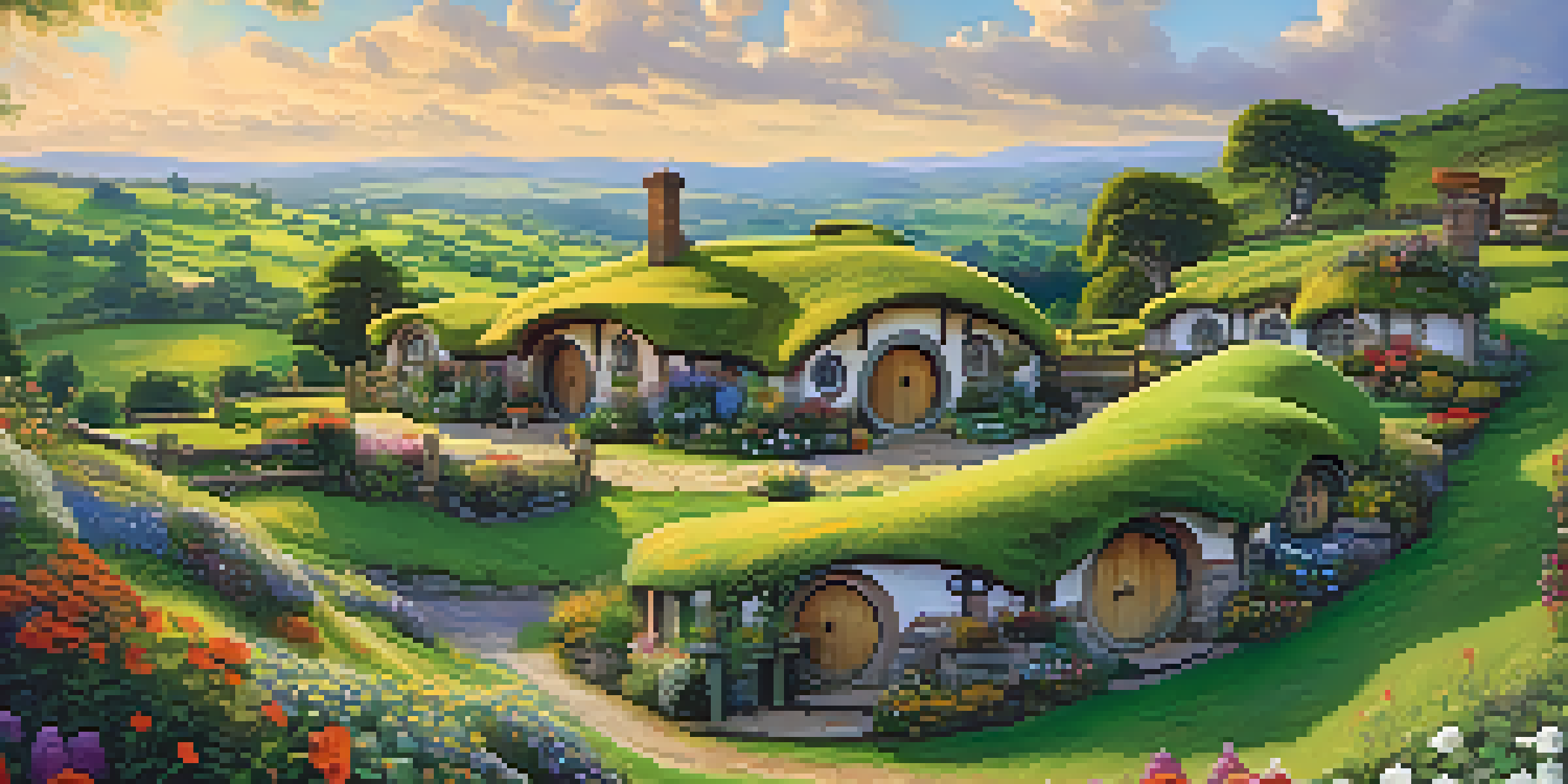 A panoramic view of the whimsical Hobbiton village with colorful hobbit holes and lush greenery under a bright blue sky.