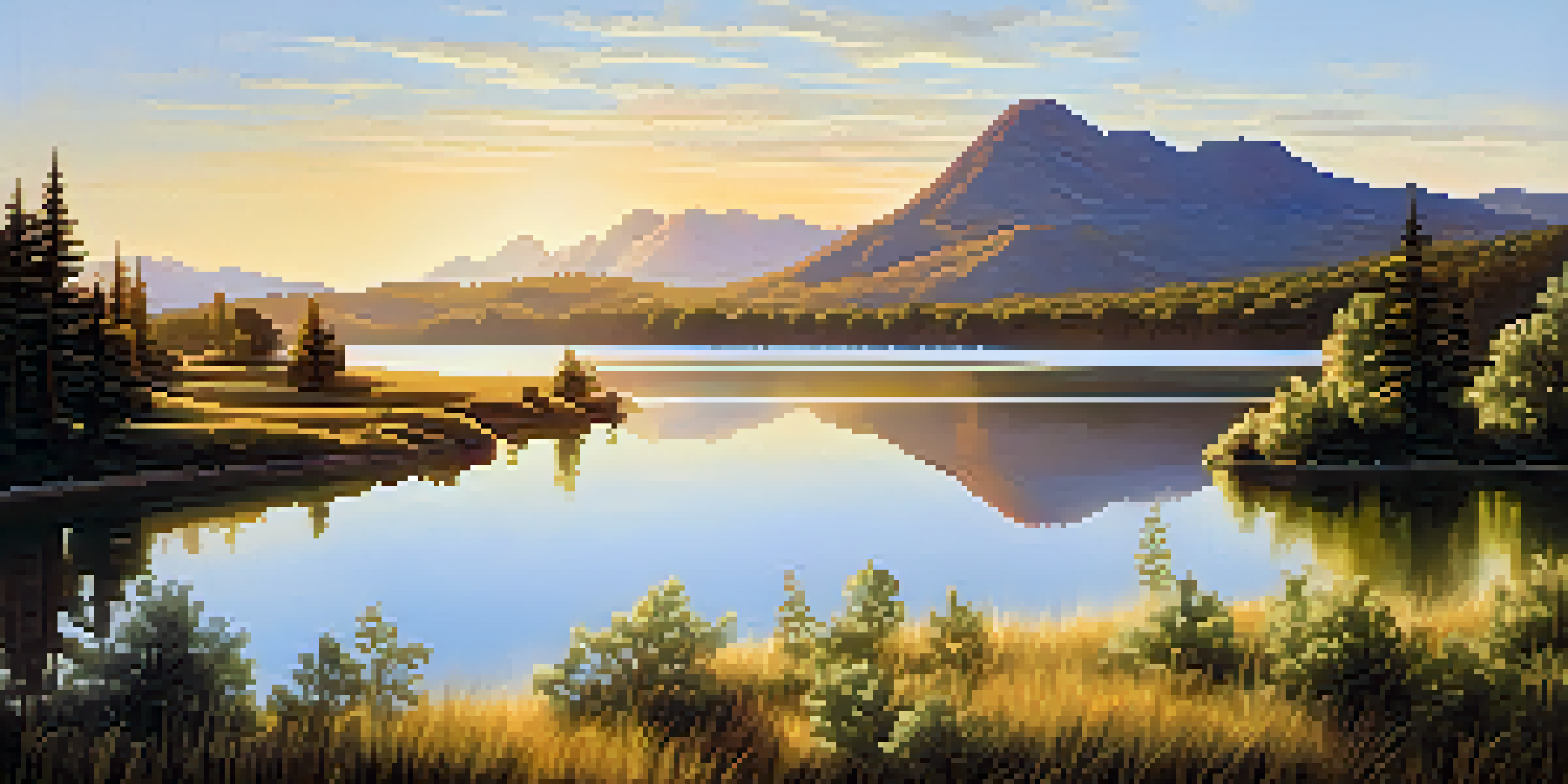 A peaceful national park landscape with a lake and mountains under a blue sky.