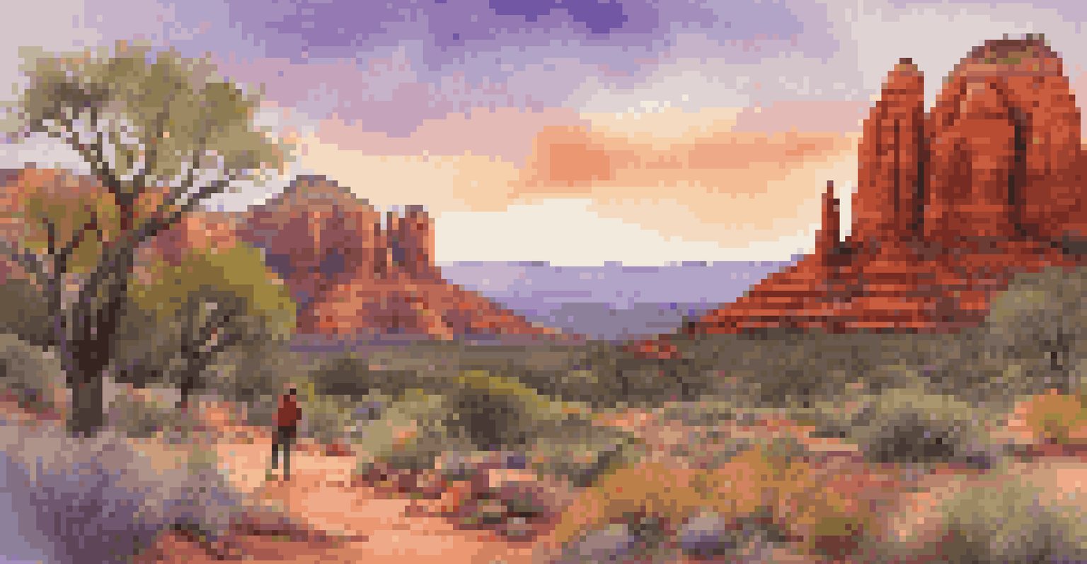 A hiker meditating in Sedona, Arizona, with red rock formations and a colorful sunset in the background.