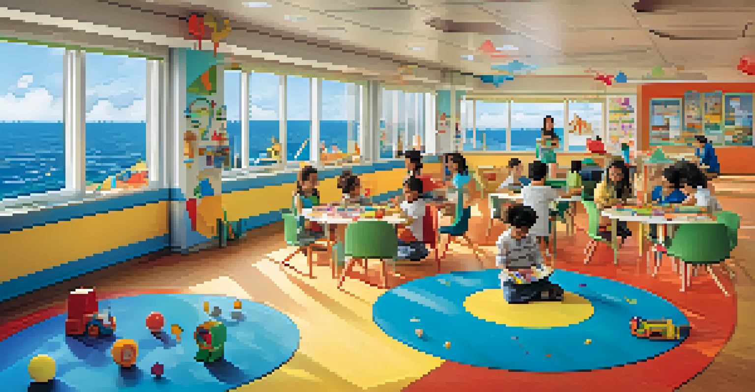 Children engaging in activities at a colorful kids' club on a cruise ship, with a staff member leading a craft session.