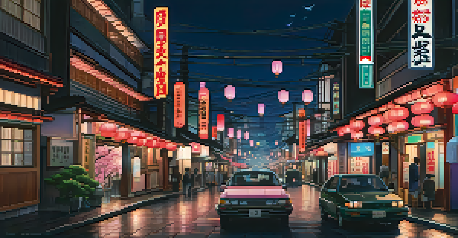 A night scene in Tokyo showing a traditional temple lit by lanterns, surrounded by modern neon lights and cherry blossom trees.