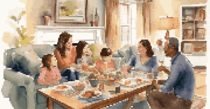 A family discussing travel etiquette in a cozy living room with a table full of travel brochures and a checklist.