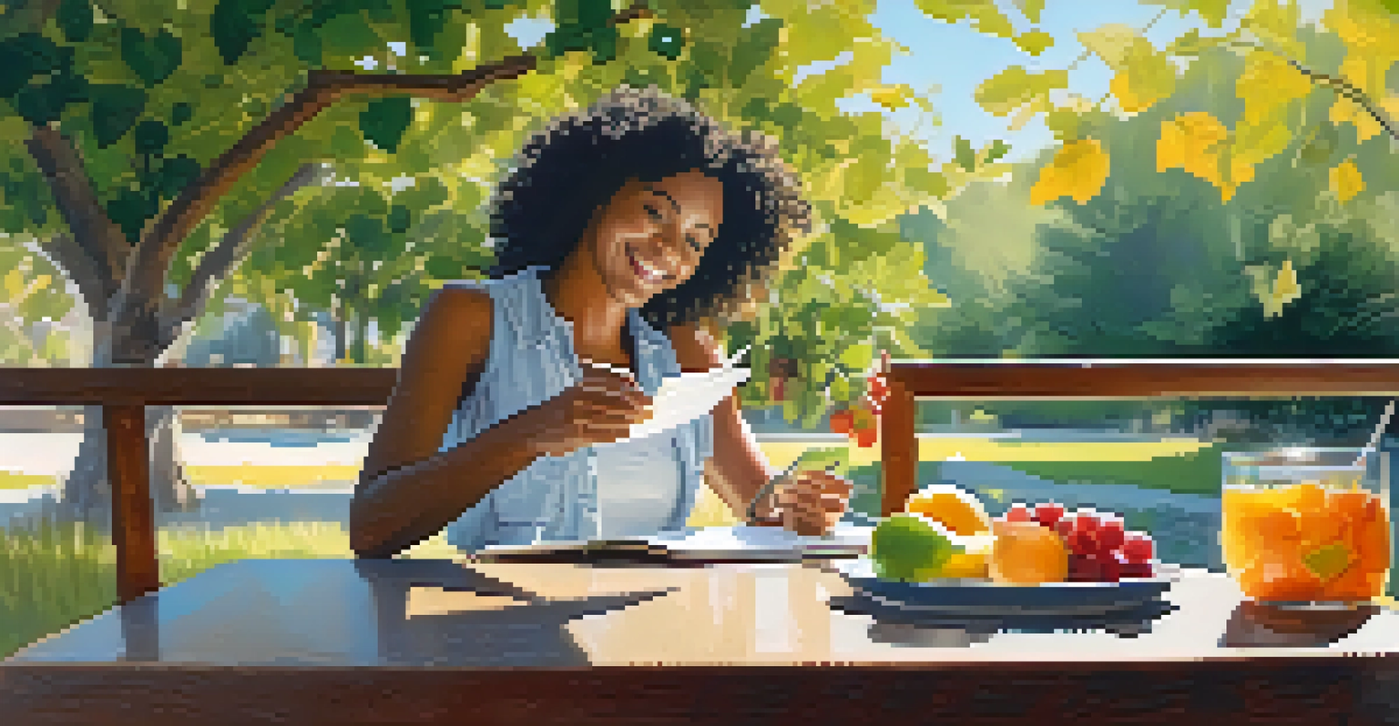 A traveler enjoying a healthy fruit salad and water at an outdoor café, with a notebook on the table.
