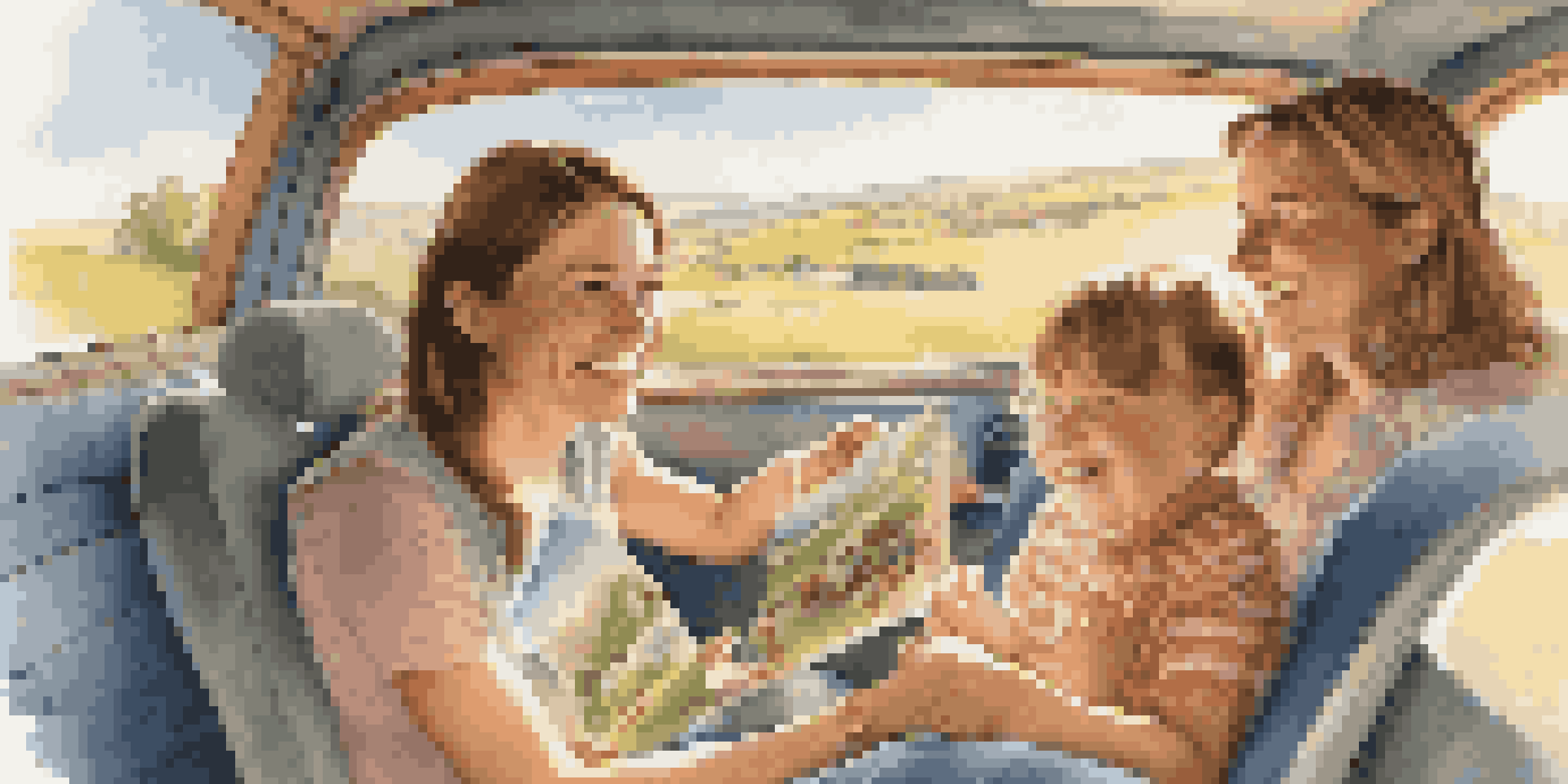 A family traveling in a car, with children playing in the backseat, under soft sunlight, with a beautiful landscape outside.