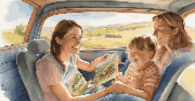 A family traveling in a car, with children playing in the backseat, under soft sunlight, with a beautiful landscape outside.
