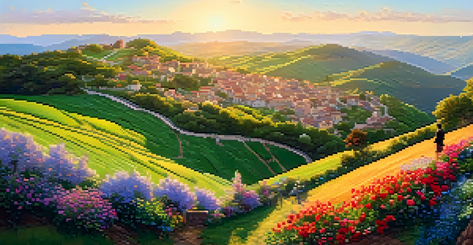 A traveler on a hilltop overlooking a vibrant village surrounded by green hills during sunset.