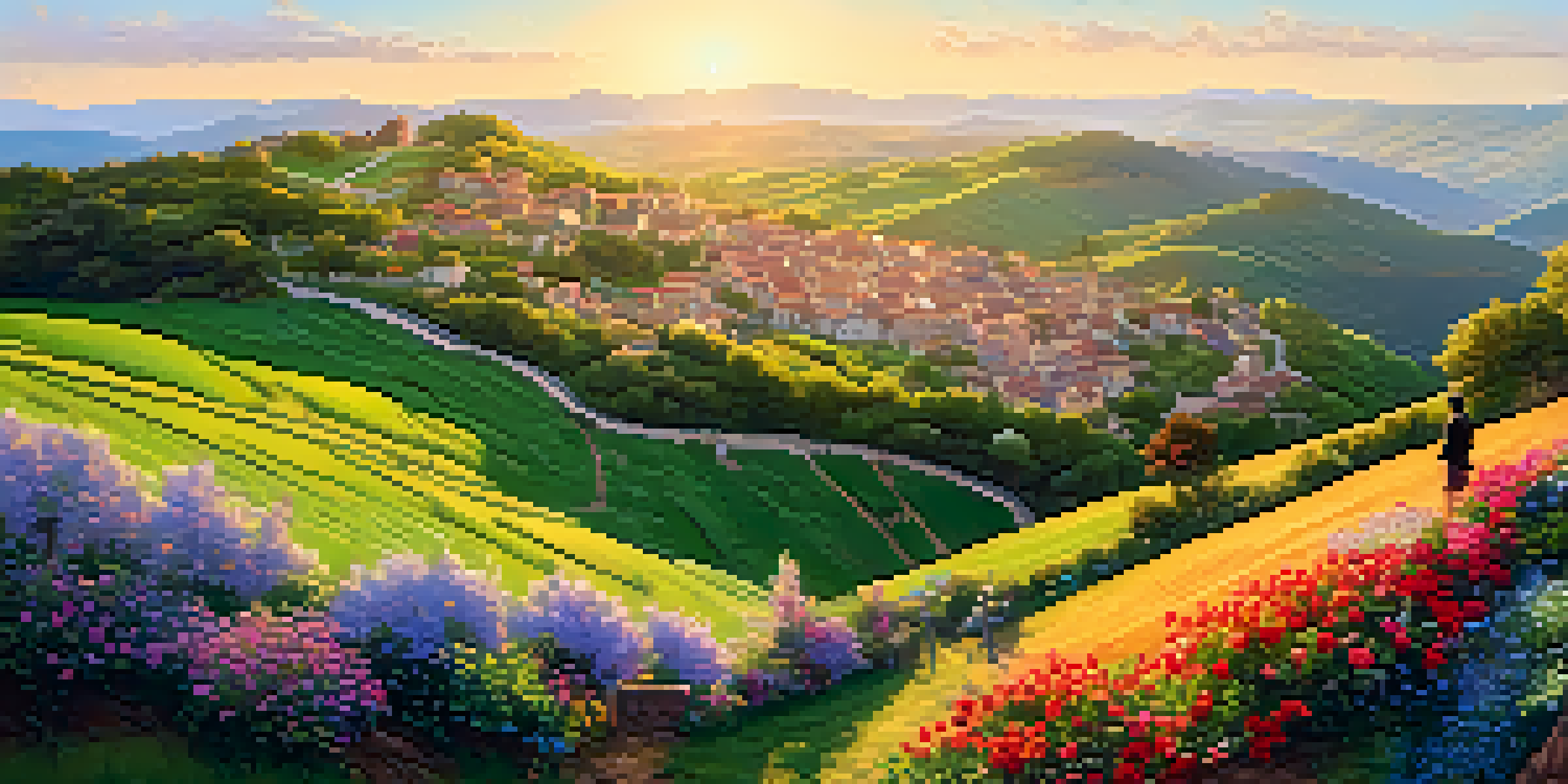 A traveler on a hilltop overlooking a vibrant village surrounded by green hills during sunset.