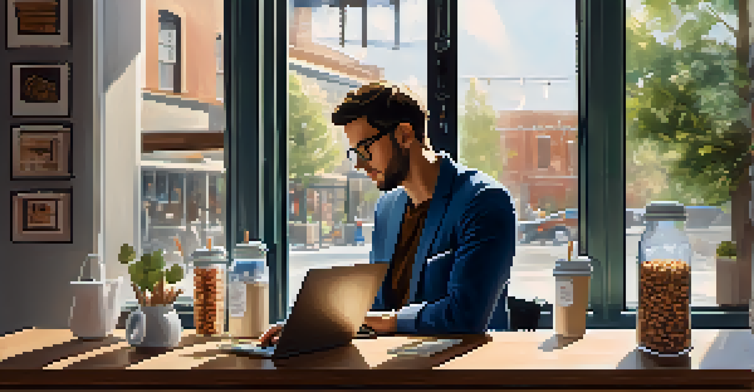 A business professional working on a laptop in a coffee shop, with healthy snacks and a water bottle on the table, illuminated by natural light.