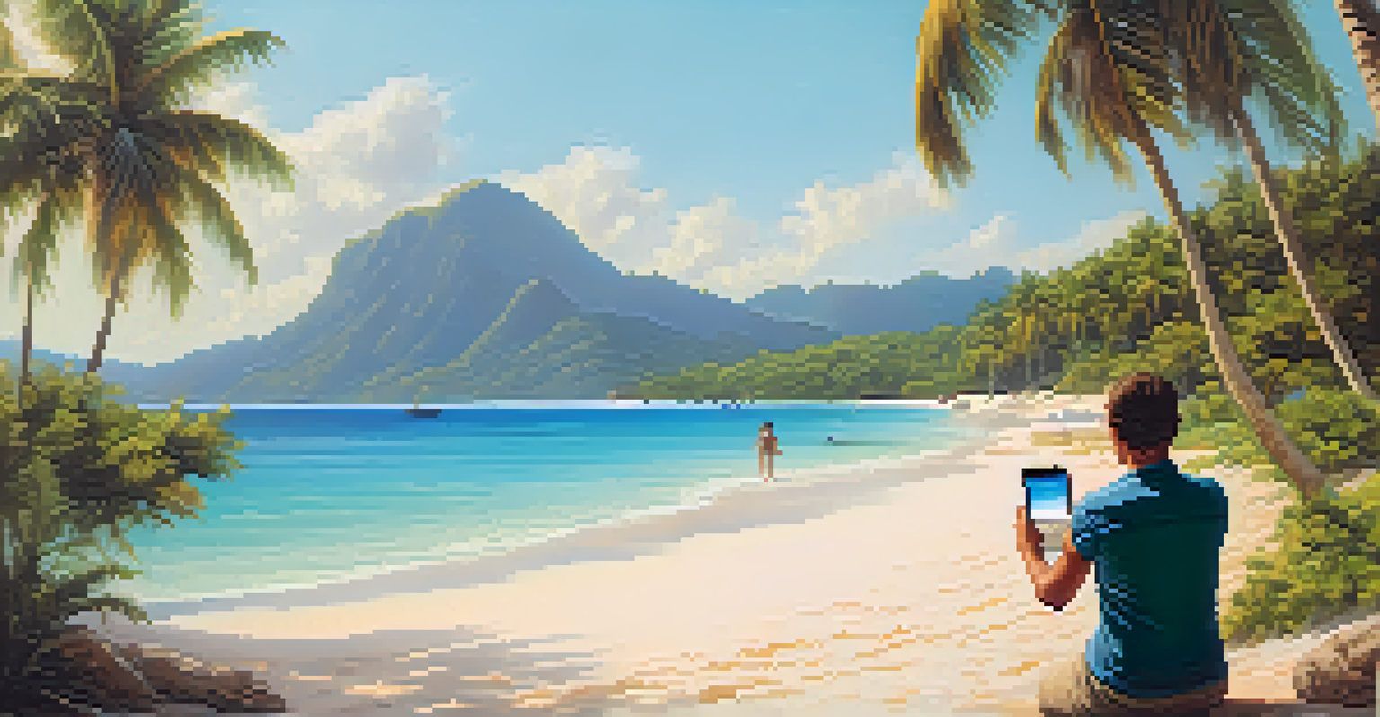 A traveler taking a photo on a beautiful hidden beach with turquoise waters and palm trees at sunset.