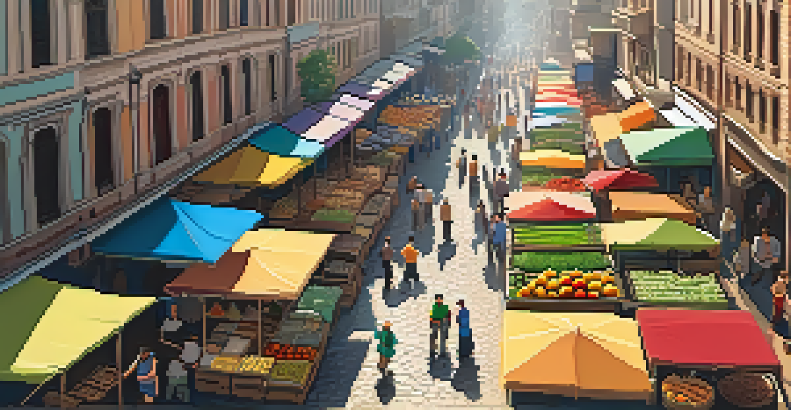 A vibrant local market with people interacting and colorful stalls, seen from above.